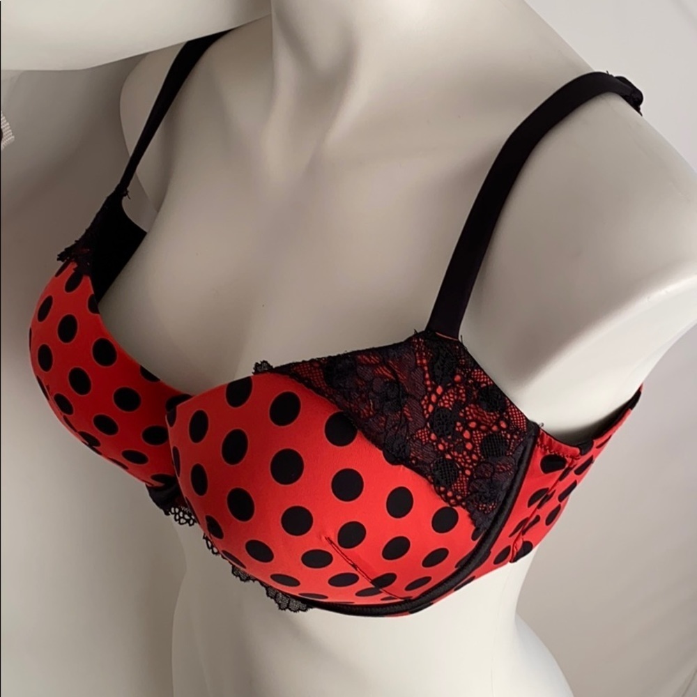Cacique Boost Plunge polka dot red and black lace trimmed bra 40D - Picture 5 of 11